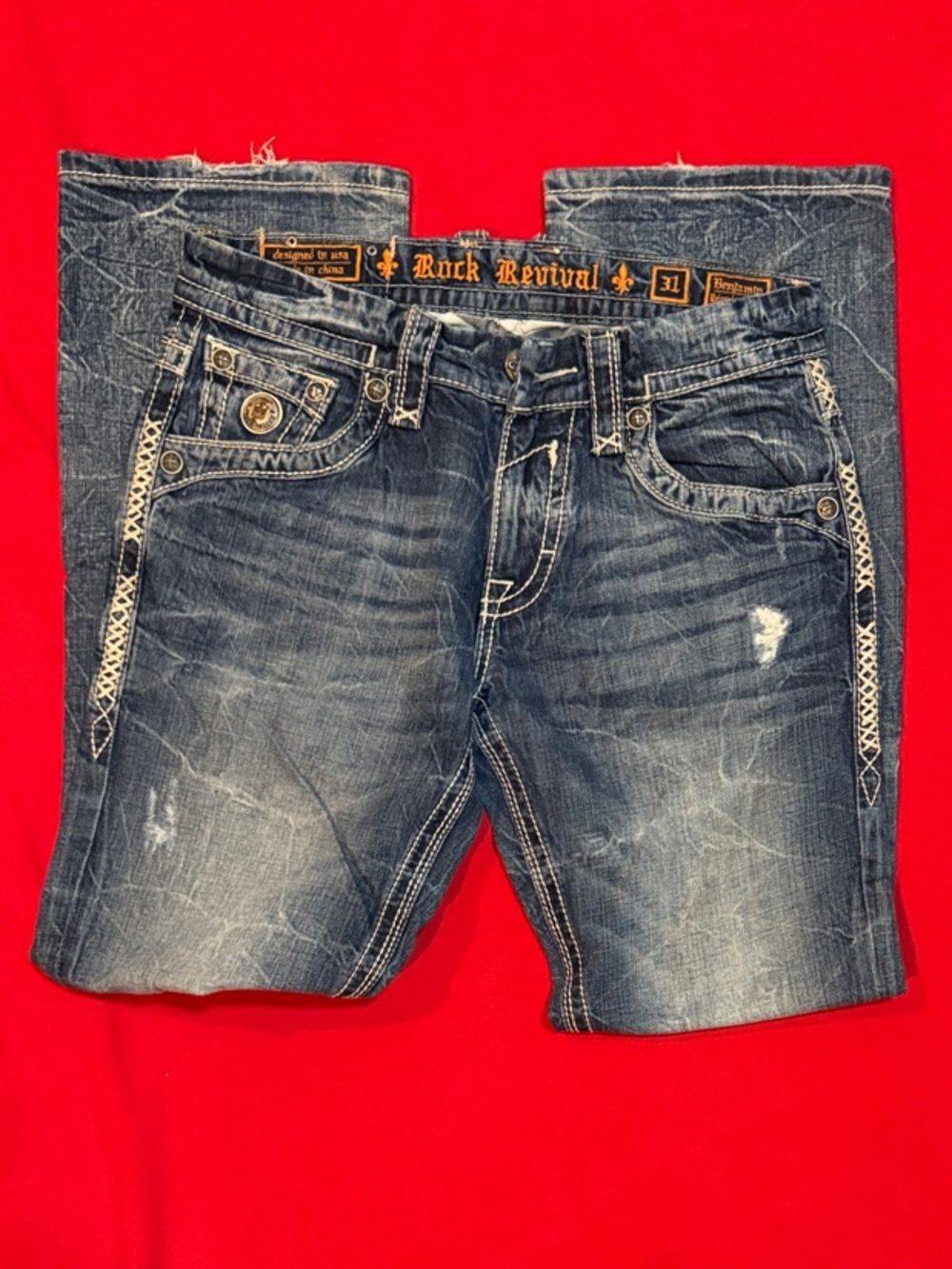Rock Revival Benjamin Men’s Jeans 31 Distressed Fleur De Lis Straight Bootcut - Picture 4 of 6